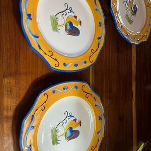 3 Fitz and Floyd Vibrant Rooster Plates about 9” across. Other pieces listed